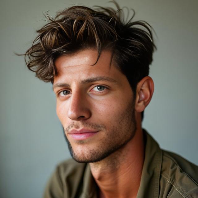 Create a realistic image with one person only, featuring a male with a rugged safari-inspired textured tousled haircut. The person should resemble a Caucasian male with a natural face shape and style similar to the provided image description.