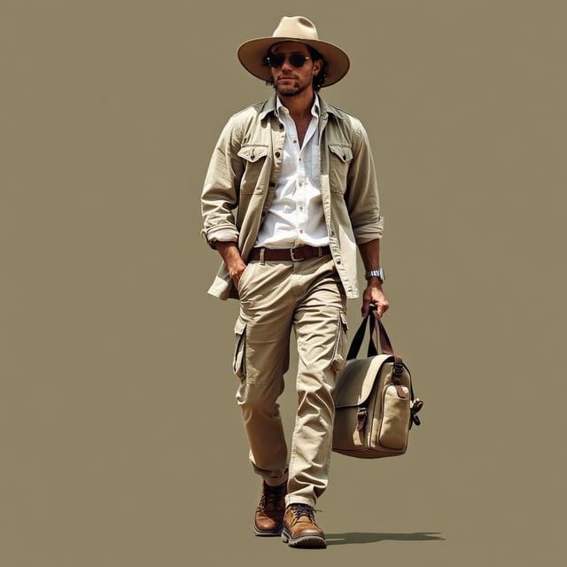 Depict a realistic image with a male person on a summer safari, wearing a lightweight stone beige safari jacket, white relaxed fit linen shirt, khaki convertible cargo pants, brown hiking shoes, and holding a khaki canvas messenger bag. He sports a rugged, textured haircut, and has a wide-brimmed safari hat and polarized sports sunglasses at hand.