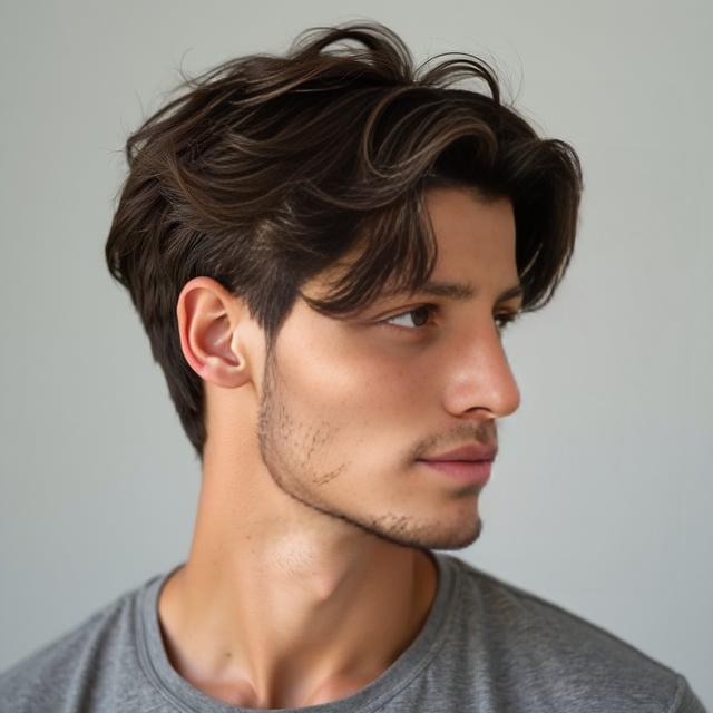 Create a realistic image with one person only, featuring a male with a clean, texturized side-parted hairstyle, natural deep brown hair with subtle highlights, medium-short length, and a relaxed yet refined volume and texture to match seasonal summer vibes.