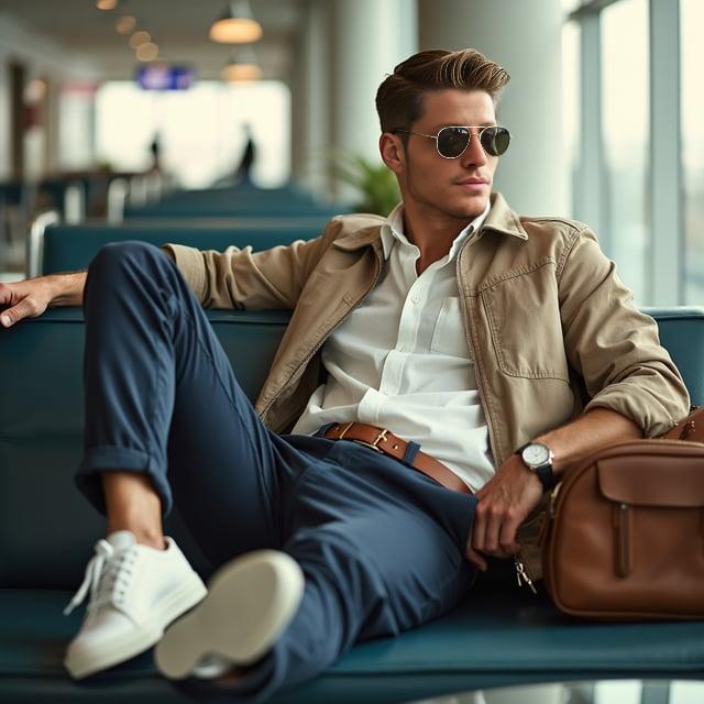 Depict a realistic image with a male person lounging in an airport lounge, styled with 'The Coastal Breeze' hairstyle (clean, texturized, side-parted with subtle highlights) and wearing a lightweight white linen shirt, sleeves casually rolled up, slim-fit navy blue chino trousers, white leather low-top sneakers, accompanied by a beige lightweight bomber jacket draped over the arm, accessorized with a leather slim brown belt, classic aviator sunglasses, and a minimalist stainless steel watch.