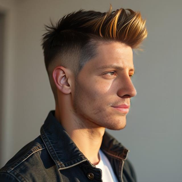 Create a realistic image with one person only, a male with a modern quiff hairstyle featuring short faded sides and sun-kissed highlights, similar to a Caucasian male in his mid-20s.