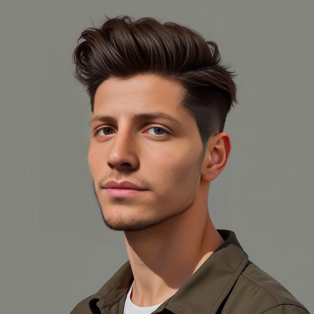 Create a realistic image with one person only, depicting a male with a natural brown, textured, and moderately voluminous top, tapered sides, subtle side part, complementing an oval face, with fair skin tone.