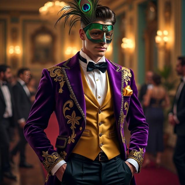 Depict a realistic image with a male person at a Mardi Gras ball, wearing a Carnival Elegance Taper hairstyle, a purple velvet blazer with gold embroidery, a white silk shirt, black dress trousers, a golden yellow silk pocket square, polished black leather Oxfords, a black leather belt with a gold buckle, and gold cufflinks. The person is adorned with an elegant Mardi Gras mask featuring peacock feather and gold accents.