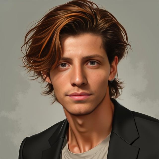 Create a realistic image with one person only, depicting a male with a refined jawline, warm chestnut brown hair with auburn highlights, styled in a medium-length, side-parted manner with gentle layers.