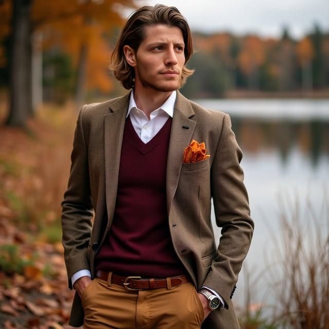 Depict a realistic image with a male person gathered at a lakeside cabin for a festive family photo session in the mid-fall season, featuring warm chestnut brown medium-length hair styled in a side-parted manner with gentle layers. He is wearing a tailored earthy brown herringbone blazer over a crisp white 100% cotton French cuff dress shirt, with autumnal khaki slim-fit chinos, leather Chelsea boots in cognac, and a burgundy cashmere V-neck sweater optionally layered over the shirt. Accessories include a matching leather belt, a burnt-orange silk pocket square with paisley pattern, and a classic silver-cased wristwatch with a brown leather strap.
