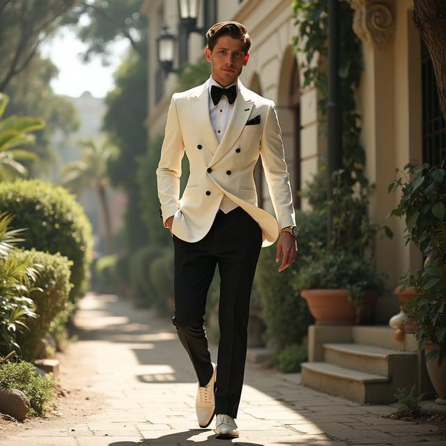 Depict a realistic image with a male person in a scenario of a 1920s themed wedding on a sunny day, with a hairstyle named 'Gatsby's Revival' and clad in an ivory double-breasted suit with peak lapels, a white wing-tip collar shirt, a vintage black silk bow tie, black pleated trousers, white leather oxford shoes, and accessorized with a champagne pocket square, gold cufflinks, black suspenders, and a classic pocket watch.
