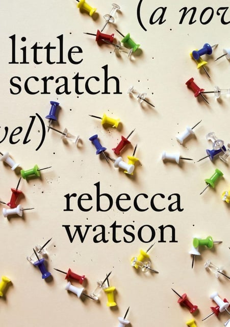 The cover of 'little scratch' features a collection of multicolored pushpins scattered across a neutral background, creating a sense of chaos and disarray.