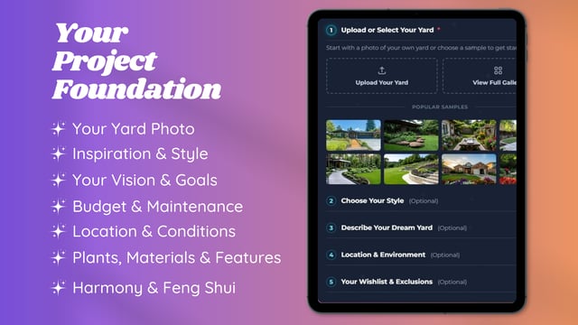 A tablet showing the YardStyling interface where a user can upload a photo of their yard or select a sample from a gallery.
