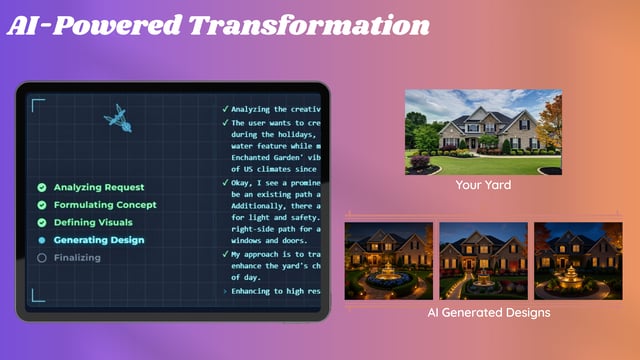 A tablet showing the AI generation process, connecting to a 'before' photo of a house and three 'after' photos showing different AI-generated night lighting and fountain designs.