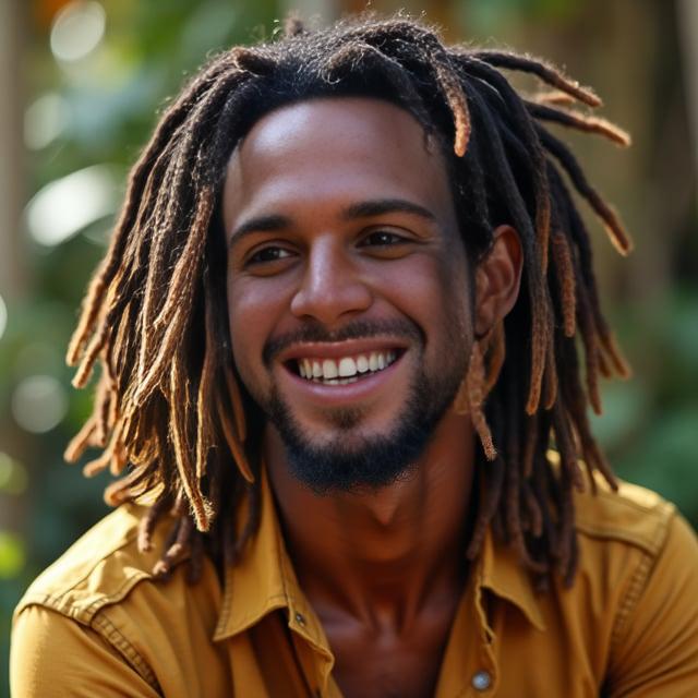 Create a realistic image with one person only, featuring a male with a warm complexion and medium-length, layered dreadlocks in natural brown with sun-kissed caramel highlights, appearing relaxed with a smile.