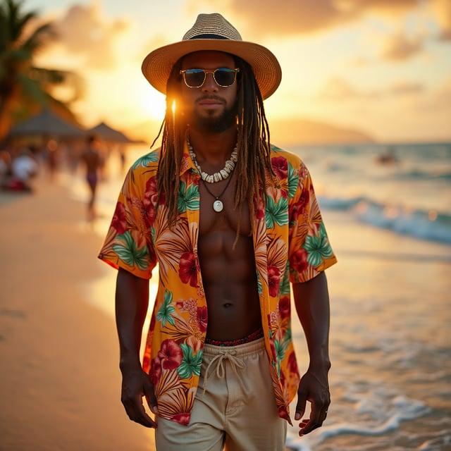 Depict a realistic image with a male person attending a beachside luau party at sunset, showcasing medium-length, sun-kissed highlighted dreadlocks. He should be wearing a vibrant tropical Aloha shirt, paired with relaxed beige linen drawstring pants, earth-toned leather sandals, and accessorized with a puka shell necklace, a straw hat tilted slightly, and retro wooden-framed polarized sunglasses.