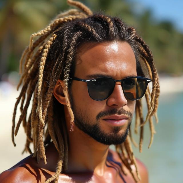 Create a realistic image with one person only, featuring a male with sun-kissed brown shoulder-length dreadlocks, partly tied back into a loose ponytail with blonde highlights, reflecting a casual summer vibe.