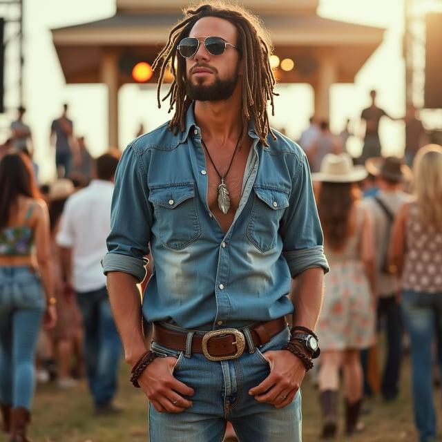 Depict a realistic image with a male person at an outdoor summer country concert, wearing sun-kissed brown, shoulder-length dreadlocks, partly tied back, a chambray blue button-down shirt with rolled-up sleeves, medium wash relaxed denim, and cowboy boots. Accessorize with a leather wristband, a silver feather pendant, aviator sunglasses, and a brown leather belt with a vintage buckle.