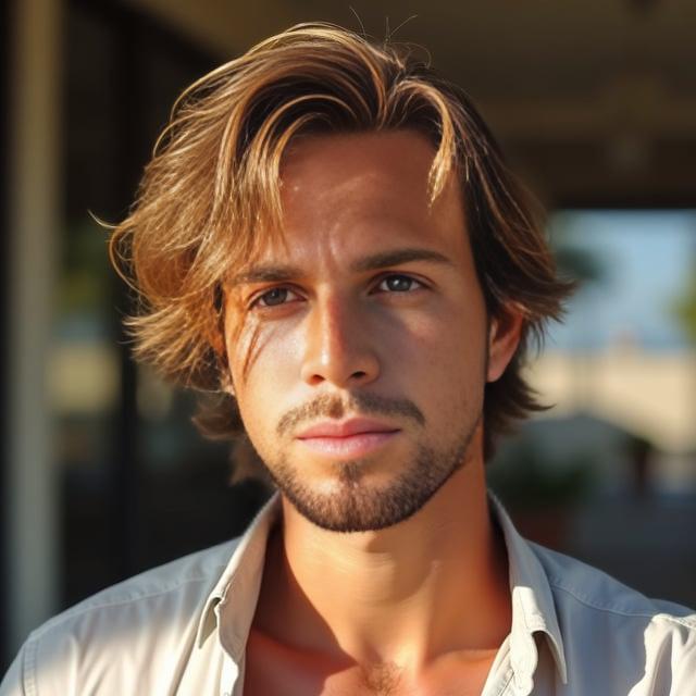 Create a realistic image with one person only, featuring a male with medium-length, sun-kissed chestnut hair with subtle blonde highlights, styled in a textured, feathered haircut resting at the collarbone, in a cool and relaxed summer vibe.