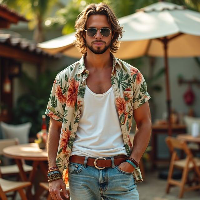 Depict a realistic image with a male person standing in a casual summer barbecue setting, sporting medium-length, sun-kissed chestnut hair with subtle highlights in a feathered style. He's wearing a loose-fit white tank top, tucked loosely into vintage high-waisted denim shorts, complemented by a Hawaiian shirt that's unbuttoned, flaunting a colorful floral pattern. Completing the look are white canvas low-top sneakers, aviator sunglasses with reflective lenses, a leather braided bracelet, and a canvas belt with a D-ring buckle.