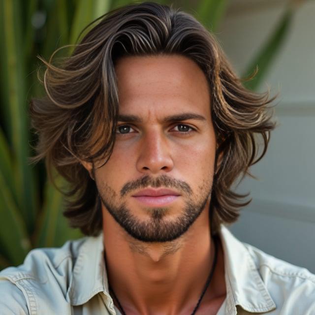 Create a realistic image with one person only, depicting a male with a medium-length layered haircut, natural dark brown hair with subtle highlights, textured waves, and slight tapering on the sides, capturing a relaxed summer vibe.