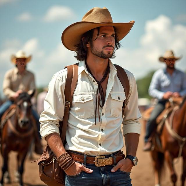 Depict a realistic image with a male person attending a casual summer rodeo, sporting a medium-length layered haircut with natural dark brown hair and subtle highlights. He wears a white cotton snap-button shirt tucked into dark wash jeans, brown cowboy boots, a wide-brimmed straw hat, leather wrist cuff, and a bolo tie. The scene reflects a relaxed yet stylish atmosphere suitable for outdoor summer activities.