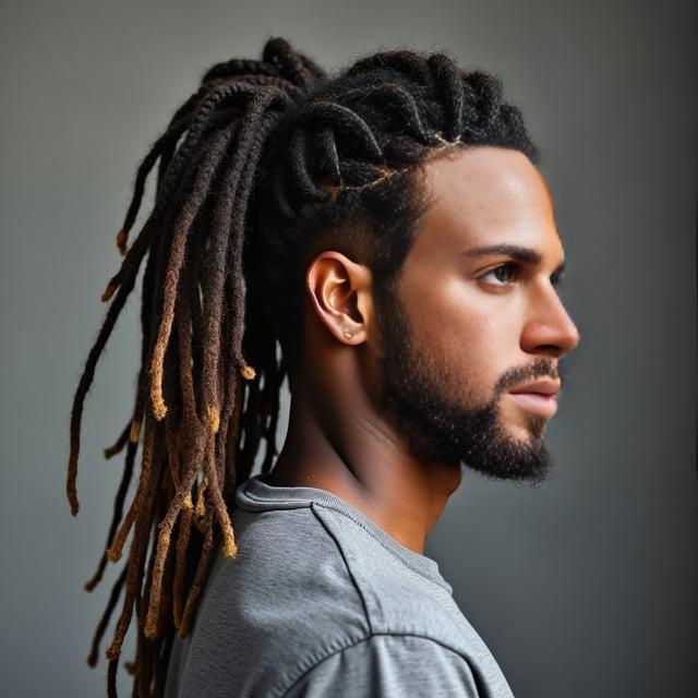 Create a realistic image with one person only, a male with a face similar to the client's, featuring shoulder-length dreadlocks tied up in a half-up, half-down style. The hair should be naturally dark brown with subtle frosted tips and a medium volume to reflect the season and occasion.