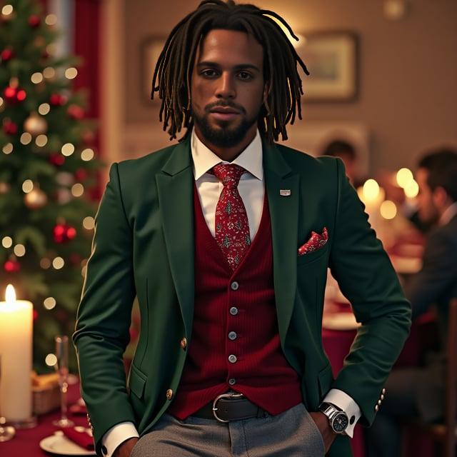 Depict a realistic image with a male person at an upscale Christmas dinner party. He should have tidy shoulder-length dreadlocks tied partially up. He wears a dark green fitted wool blazer, white tailored dress shirt, deep red cashmere sweater vest, charcoal grey formal trousers, black leather Oxford shoes, with a red silk tie featuring a Christmas pattern. His accessories include silver cufflinks with snowflake design, a black leather belt and a forest green woolen pocket square to match the blazer.