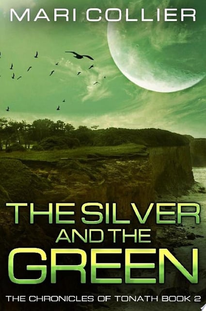 The cover features a lush green landscape with a distant horizon and a large moon, creating a sense of mystery and exploration. Silhouettes of trees and flying birds add depth and intrigue.