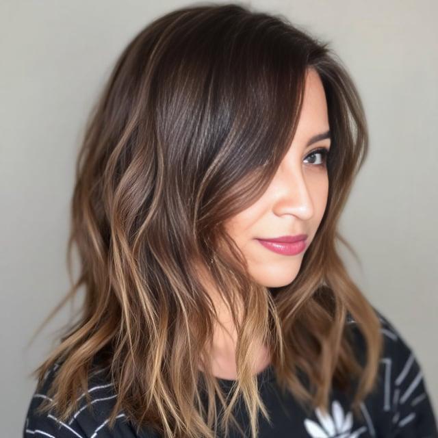 Create a realistic image with one female person only, featuring a hairstyle with medium to long loose waves, side part, chestnut brown color with highlights, and medium volume. The style should convey a casual but edgy feel.