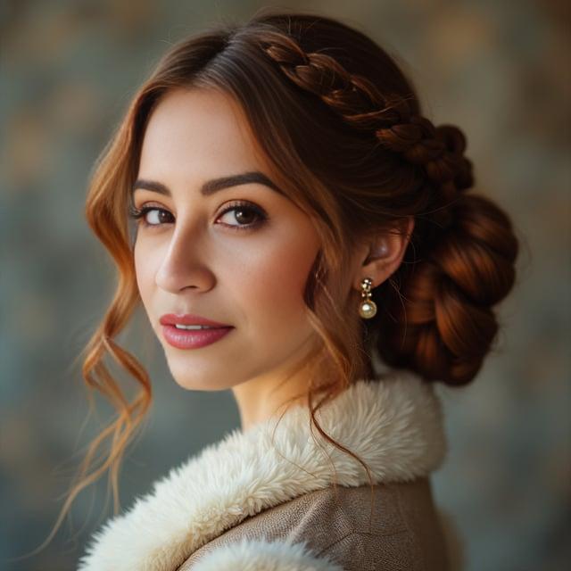 Create a realistic image with one person only, resembling a female with a warm chestnut brown hair in a classic chignon with a twisted rope braid, highlighting an elegant winter appearance, wearing subtle makeup suitable for a Christmas party.