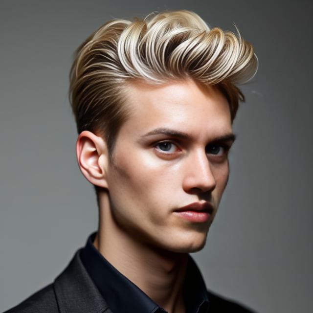 Create a realistic image with one person only, featuring a male with fair skin, light blonde hair, and a lean face, showcasing an elegant winter contour hairstyle with a side-part and a gentle sweep of textured hair on top.