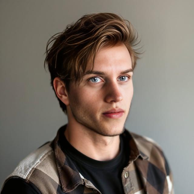 Create a realistic image with one male person only, featuring a medium-length side-parted quiff with a gentle wave, in chestnut brown with highlights, suitable for an Eras Tour occasion.