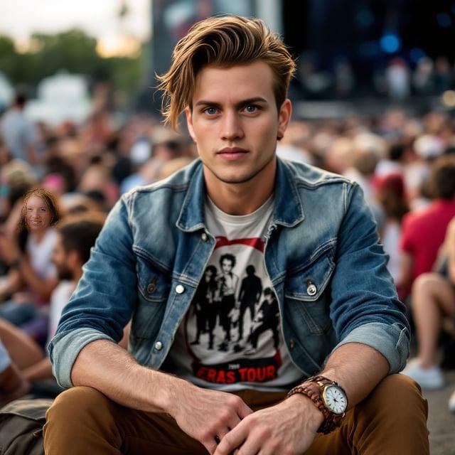 Depict a realistic image with a male person attending an Eras Tour concert. He has a medium-length side-parted quiff with a gentle wave in chestnut brown with highlights. He's wearing a vintage-inspired denim jacket over a graphic band t-shirt, slim-fit tan chinos, and retro white sneakers. He's accessorized with a classic leather wristwatch and a woven leather bracelet, set in an outdoor concert venue.