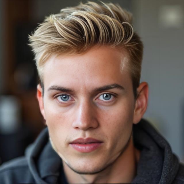 Create a realistic image with one person only, showcasing a male with a gentle facial structure and blonde hair in a 'Winter Warmth Brush-Up' style, featuring a finely faded sides, honey highlights, and a voluminous, textured top.