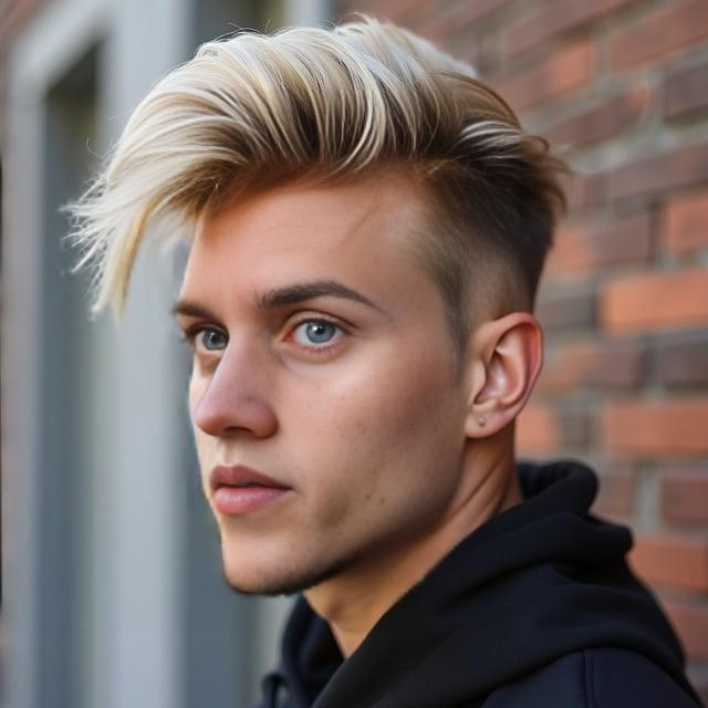 Create a realistic image with one person only, featuring a male with light skin, similar to the person in the provided photo, with a modern urban edge quiff hairstyle with medium length on top and tapered fade sides, natural blonde hair color accented with subtle highlights, styled for a sporty spring appearance.