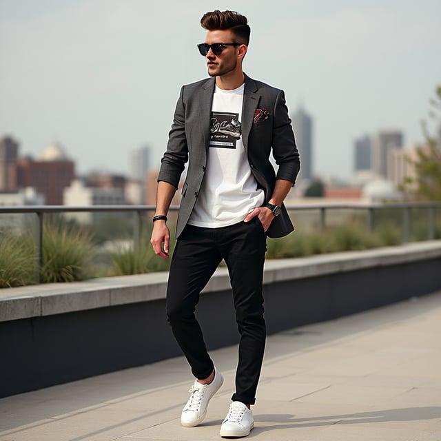 Depict a realistic image with a male person blending sporty elegance at a spring rooftop sneaker ball, featuring the Urban Edge Quiff hairstyle, wearing slim-fit black chinos, a crisp white sneakers-themed graphic tee, a casual charcoal grey cotton blazer, paired with clean white low-top leather sneakers. The look is accessorized with a black leather wristband, minimalist round-frame sunglasses, and a dark maroon silk pocket square with a sneakers print. The male figure should have an appearance and build similar to the male in the provided photo.