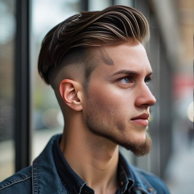 Create a realistic image with one person only, depicting a male with a face shape identical to the provided photo, featuring a 'Autumn Metro Chic' hairstyle with a side-parted taper cut.