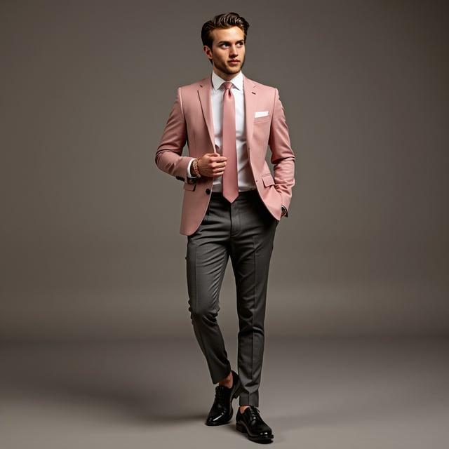 Depict a realistic image with a male person at an autumn business conference, with an 'Autumn Metro Chic' hairstyle and wearing a 'Prestige Pink Executive' outfit consisting of a slim-fit muted pink blazer, white dress shirt, charcoal grey trousers, black Oxfords, rose gold accessories, and a silk pink tie.