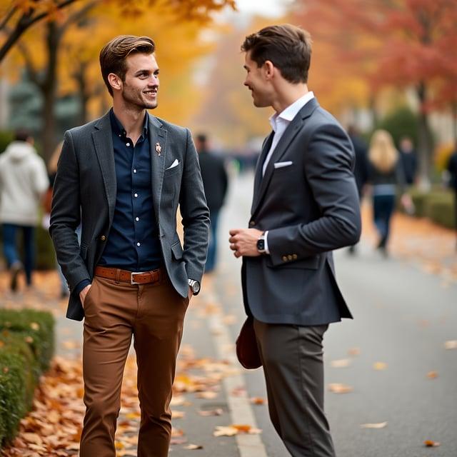 Depict a realistic image with a male person in an outdoor fall setting, attending a casual networking event, with a hairstyle resembling 'The Autumn Intellectual' and wearing a deep navy slim-fit button-down shirt, autumnal brown chinos, a dark grey lightweight casual blazer, chestnut brown leather loafers. Add accessories like a matching leather belt, a classic silver wristwatch with a leather strap, and a subtle Roblox-themed lapel pin to complete the smart casual look.