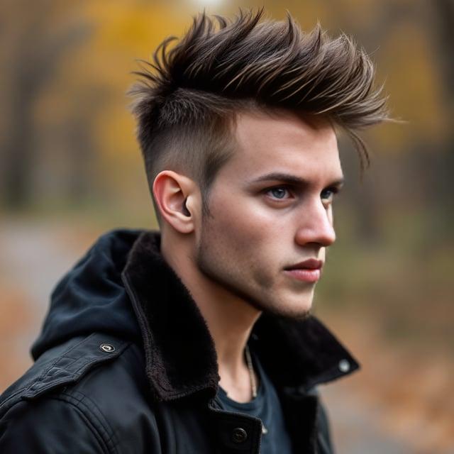 Create a realistic image with one male person only, styled with a textured quiff hairstyle; medium ash brown color with subtle highlights, high volume, and tapered sides for an edgy, rugged punk rocker look. The person should be outdoors in an autumn setting.