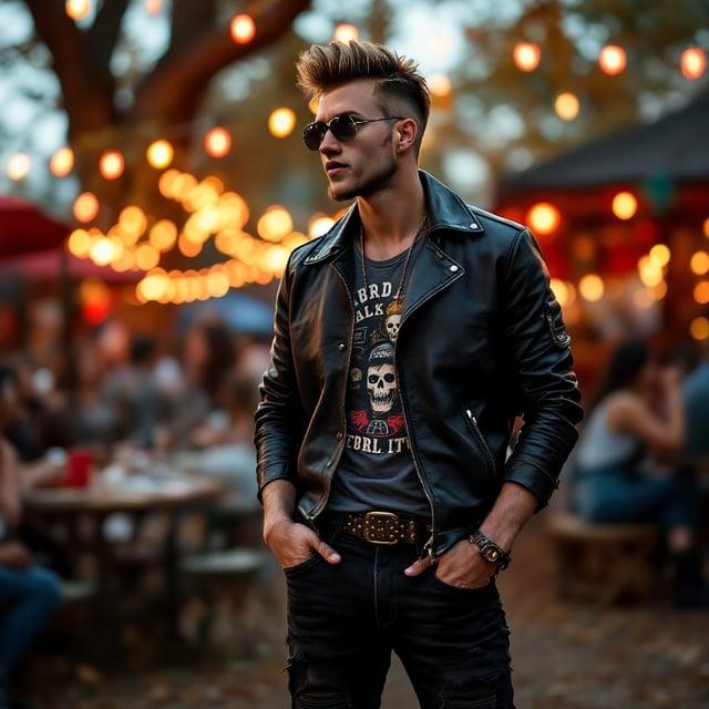 Depict a realistic image with a male person at a retro-themed outdoor party in autumn. The person has a textured quiff hairstyle, ash brown with subtle highlights, wearing a black vintage leather jacket, a graphic band tee, dark wash ripped slim fit jeans, and black leather combat boots. Accessories include aviator sunglasses, a studded leather belt, and a leather wristband. The setting includes colorful festival lights and retro decor.
