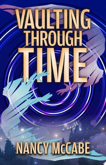 The cover features an illustration of a gymnast in mid-vault, set against a background of swirling, time-travel motifs. The colors are predominantly dark blues and purples, with glowing highlights that create a sense of motion and mystique. The title and author's name are prominently displayed in bold, metallic fonts.