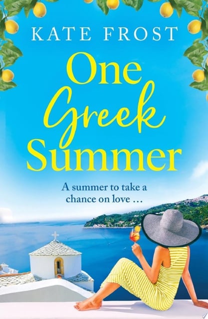 The cover showcases a picturesque seaside landscape with a white chapel and a woman in a yellow dress and sunhat, holding a drink and facing the view. The lemon tree branches at the top frame the scene. Bright blue hues dominate the background, evoking a summery feel.