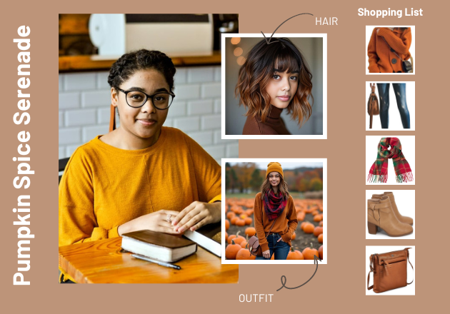 Showcase of output for female model with ID no.7. The image includes the user's photo, a generated haircut recommendation, outfit ideas for PUMPKIN PATCH OUTFIT IDEAS, and a complete shopping list.