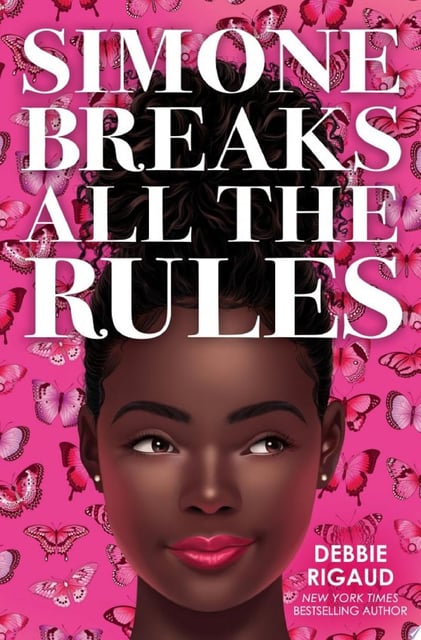 The cover features a vivid pink background adorned with a pattern of butterflies. The butterflies add a whimsical touch and convey themes of transformation and freedom. The central focus is the silhouette of a character at the bottom.