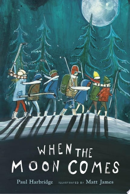 The cover features a group of children walking towards a moonlit hockey rink, surrounded by trees under a bright, full moon.