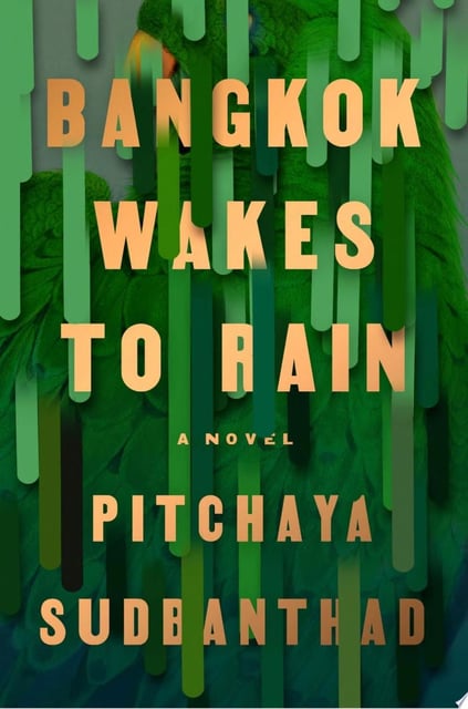 The cover features cascading vertical elements in various shades of green, creating a sense of rain. The background image of lush greenery complements the novel's title. The composition evokes a mix of chaos and serenity, reflecting the book’s themes.