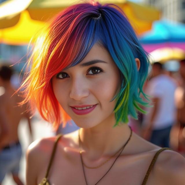 Create a realistic image with one person only, featuring a female with a symmetrical facial structure akin to the provided ethnicity, sporting a vibrant rainbow balayage asymmetrical bob haircut with a side-swept fringe, in a setting that resonates with summer and pride.