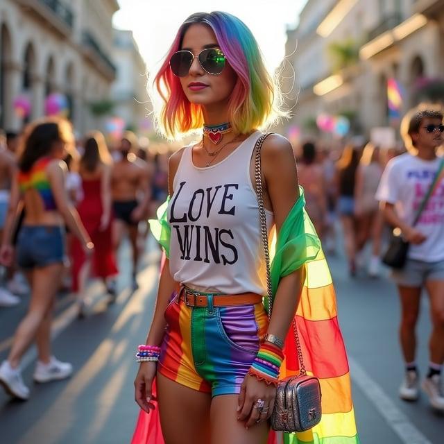 Depict a realistic image with a female person in a festive Pride Parade scenario, featuring an asymmetrical rainbow balayage bob haircut and wearing a graphic white tank top with 'Love Wins' slogan, paired with high-waisted rainbow-striped faux leather shorts and a flowing sheer long kimono. She is in white platform sneakers with rainbow soles, wearing oversized aviator sunglasses with rainbow details, a rainbow heart choker, pride wristbands, and carrying a holographic crossbody bag.
