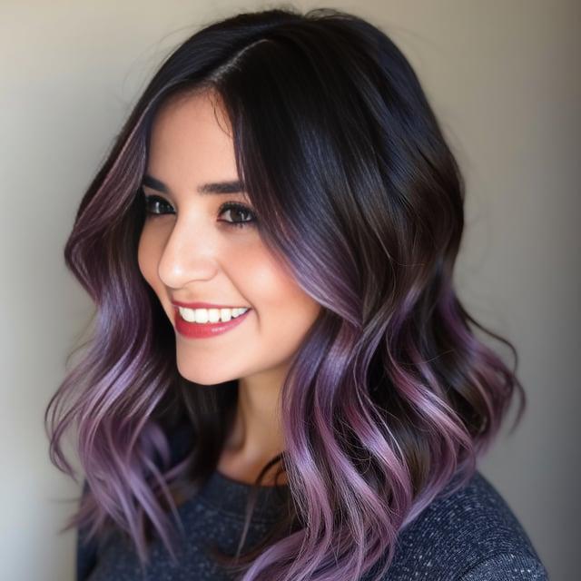 Create a realistic image with one person only, featuring a woman with soft layered waves and side-swept bangs. Her dark brown hair should have subtle purple highlights, and the length should reach mid-back. She has a cheerful demeanor that matches the spring season, and her hair should have a medium to high volume with a natural bounce.
