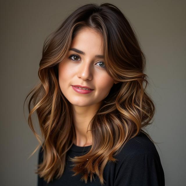 Create a realistic image with one person only, featuring a female with a heart-shaped face, chestnut brown hair with golden highlights, styled in soft layers and gentle waves, with a side part, medium to high volume, and mid-back length.