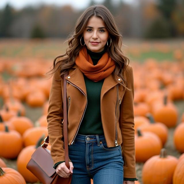 Depict a realistic image with a female person at a fall family gathering in a pumpkin patch, with chestnut brown hair styled in soft waves, wearing a fitted tan suede moto jacket, forest green turtleneck sweater, high-waisted vintage blue jeans, and tan leather ankle boots, accessorized with a burnt orange scarf, gold hoop earrings, and a cognac leather crossbody bag.