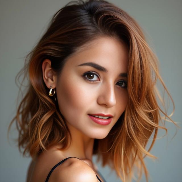 Create a realistic image with one person only, capturing a female with shoulder-length chestnut hair styled in natural soft waves and caramel highlights. Her hair should display a side parting to complement a round face with bright, expressive eyes and warm, fair skin.