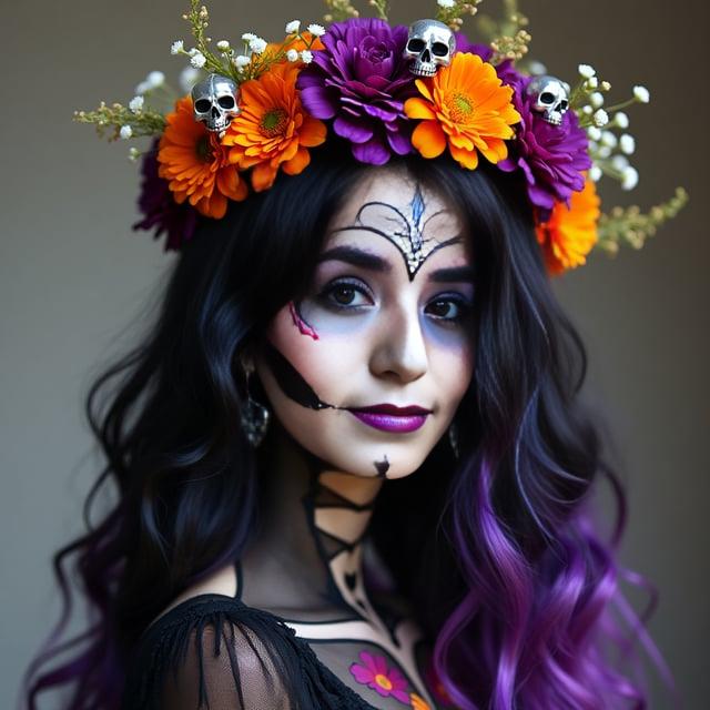 Create a realistic image with one person only, a woman resembling the provided photo with a long voluminous wavy black hair with purple undertones and adorned with a flower crown of marigolds, baby's breath, and small silver skull accents, capturing a spooky yet elegant Day of the Dead theme.